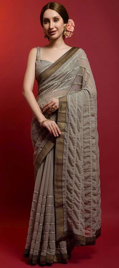 Black and Grey color Saree in Georgette fabric with Border, Embroidered, Mirror work