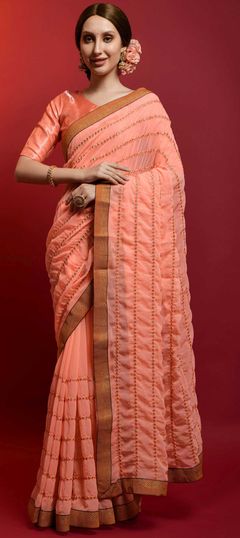 Pink and Majenta color Saree in Georgette fabric with Border, Embroidered, Mirror work