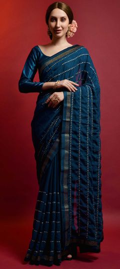 Blue color Saree in Georgette fabric with Border, Embroidered, Mirror work