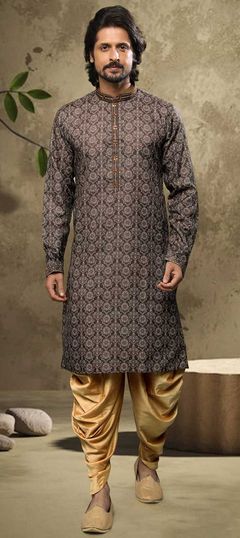 Beige and Brown color Kurta Pyjamas in Cotton fabric with Embroidered, Printed work