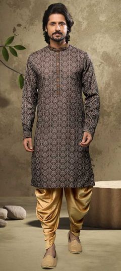 Beige and Brown color Dhoti Kurta in Cotton fabric with Embroidered, Printed work