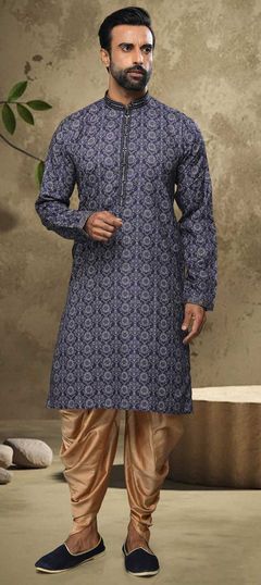 Blue color Dhoti Kurta in Cotton fabric with Embroidered, Printed work