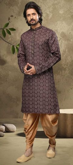 Beige and Brown color Dhoti Kurta in Cotton fabric with Embroidered, Printed work