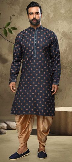 Blue color Dhoti Kurta in Cotton fabric with Embroidered, Printed work