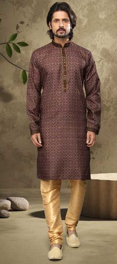 Beige and Brown color Kurta Pyjamas in Cotton fabric with Embroidered, Printed work