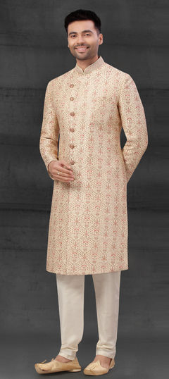 Gold color Sherwani in Silk fabric with Embroidered, Sequence, Thread work