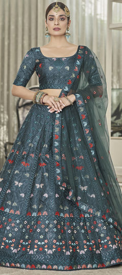 Blue color Lehenga in Silk fabric with Embroidered, Sequence, Thread work
