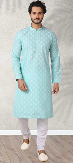 Blue color Kurta Pyjamas in Cotton fabric with Printed work