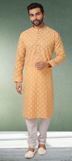 Orange color Kurta Pyjamas in Cotton fabric with Printed work