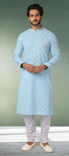 Blue color Kurta Pyjamas in Cotton fabric with Printed work