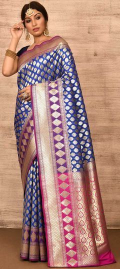 Blue color Saree in Banarasi Silk, Silk fabric with Weaving work