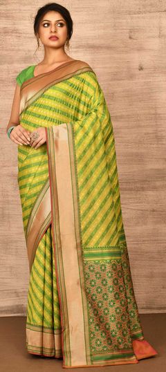 Green, Yellow color Saree in Banarasi Silk, Silk fabric with Weaving work