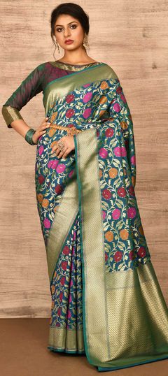 Blue color Saree in Banarasi Silk, Silk fabric with Weaving work