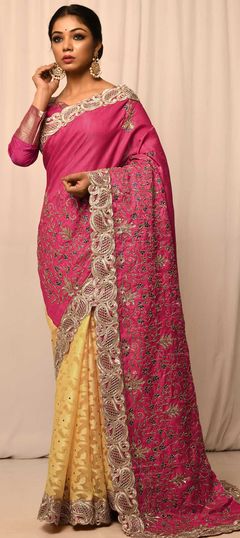 Traditional, Wedding Pink and Majenta, Yellow color Saree in Art Silk, Silk fabric with South Stone, Thread, Zari work : 1817275