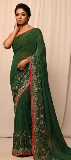 Green color Saree in Georgette fabric with Cut Dana, Embroidered, Stone, Thread, Zari work