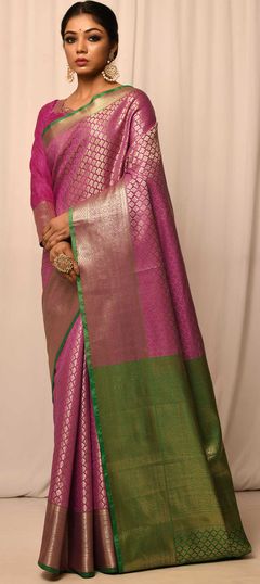 Traditional, Wedding Pink and Majenta color Saree in Kanchipuram Silk, Silk fabric with South Weaving work : 1817294