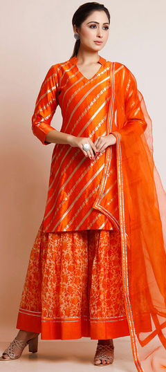 Orange color Salwar Kameez in Rayon fabric with Printed, Weaving work