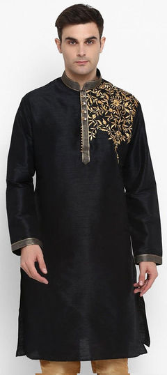 Black and Grey color Kurta in Dupion Silk fabric with Embroidered work : 1817645