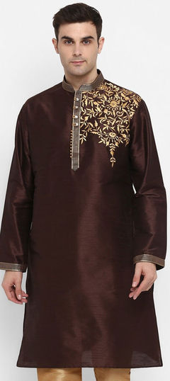 Beige and Brown color Kurta in Dupion Silk fabric with Embroidered work : 1817646