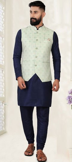 Blue color Kurta Pyjama with Jacket in Art Silk fabric with Weaving work