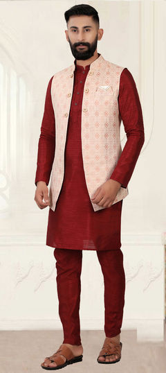 Red and Maroon color Kurta Pyjama with Jacket in Art Silk fabric with Weaving work