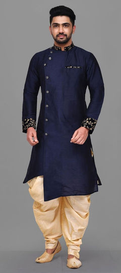 Blue color Dhoti Kurta in Dupion Silk fabric with Embroidered work