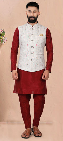 Red and Maroon color Kurta Pyjama with Jacket in Art Silk fabric with Digital Print work