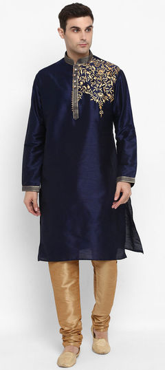 Blue color Kurta Pyjamas in Dupion Silk fabric with Embroidered work