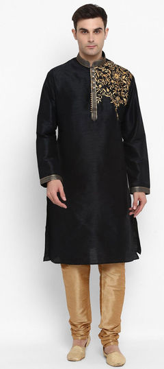 Black and Grey color Kurta Pyjamas in Dupion Silk fabric with Embroidered work