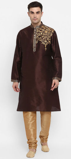 Beige and Brown color Kurta Pyjamas in Dupion Silk fabric with Embroidered work