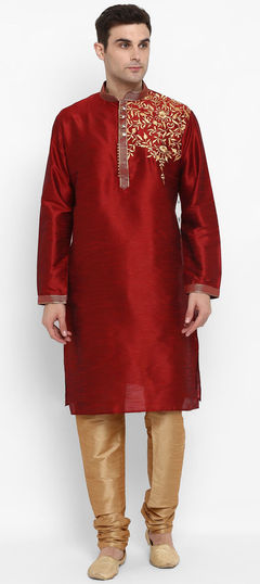 Red and Maroon color Kurta Pyjamas in Dupion Silk fabric with Embroidered work