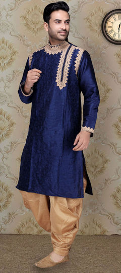 Blue color Dhoti Kurta in Dupion Silk fabric with Embroidered work