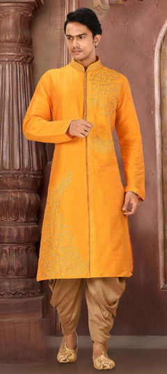 Orange color Dhoti Kurta in Dupion Silk fabric with Embroidered work