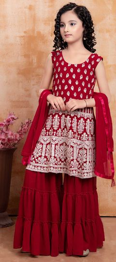 Red and Maroon color Kids Salwar in Georgette fabric with Embroidered, Thread work : 1817771