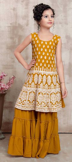 Yellow color Kids Salwar in Georgette fabric with Embroidered, Thread work : 1817773