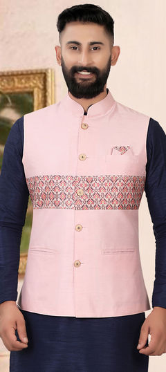 Pink and Majenta color Nehru Jacket in Art Silk fabric with Printed work