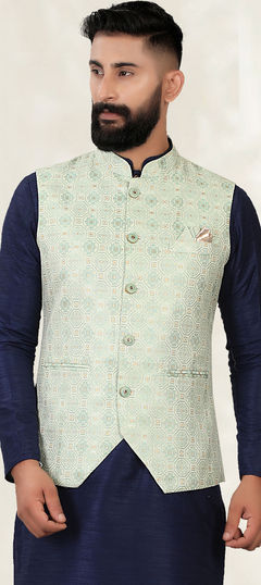 Green color Nehru Jacket in Jacquard fabric with Weaving work