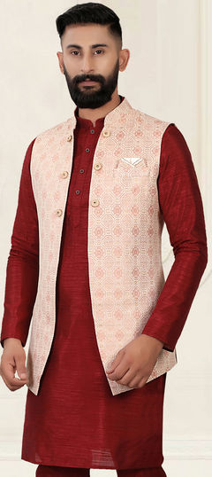 Pink and Majenta color Nehru Jacket in Jacquard fabric with Weaving work