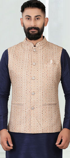 Beige and Brown color Nehru Jacket in Art Silk fabric with Weaving work