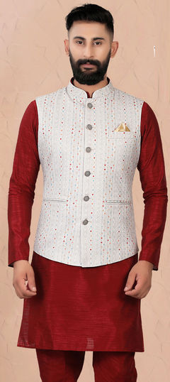 Black and Grey color Nehru Jacket in Art Silk fabric with Digital Print work