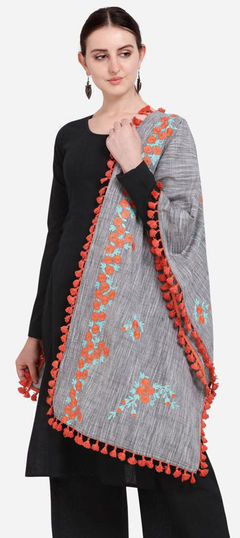 Black and Grey color Dupatta in Cotton fabric with Embroidered work