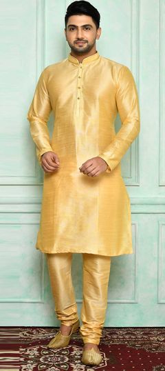 Gold color Kurta Pyjamas in Art Silk fabric with Thread work