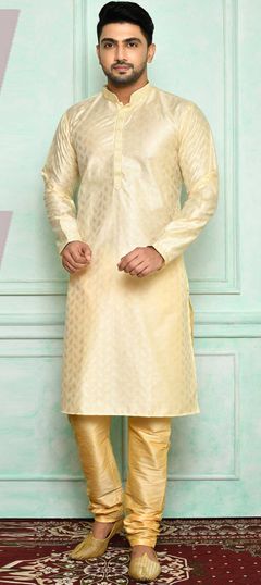 Beige and Brown color Kurta Pyjamas in Brocade fabric with Thread work