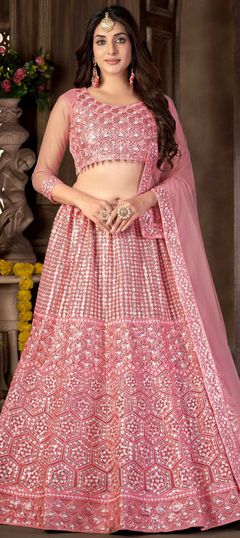 Pink and Majenta color Lehenga in Net fabric with Embroidered, Thread work