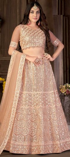 Pink and Majenta color Lehenga in Net fabric with Embroidered, Thread work