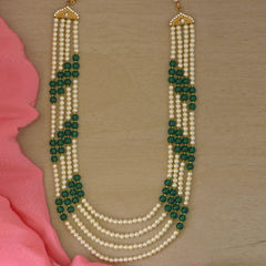 Gold Rodium Polish Green, White and Off White color Necklace in Brass studded with Pearl