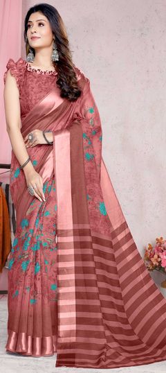 Red and Maroon color Saree in Cotton fabric with Floral, Printed work