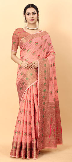 Pink and Majenta color Saree in Art Silk, Silk fabric with Weaving work