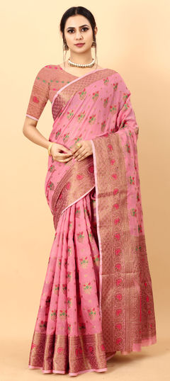 Pink and Majenta color Saree in Art Silk, Silk fabric with Weaving work