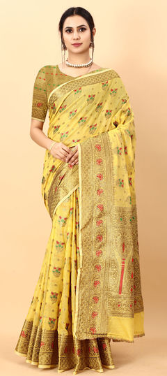 Yellow color Saree in Art Silk, Silk fabric with Weaving work